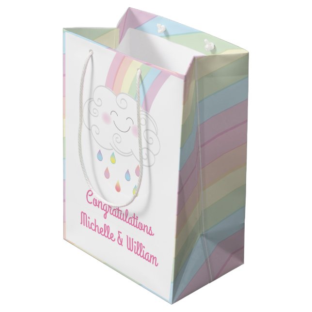 Rainbow Raindrop Kinderdusche Sprinkle Mittlere Geschenktüte (Rückseite Schrägansicht)