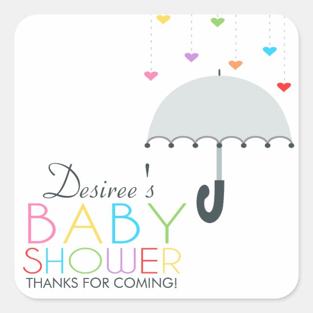 Rainbow Raindrops Gray Umbrella Baby Shower Quadratischer Aufkleber (Vorderseite)