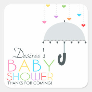 Rainbow Raindrops Gray Umbrella Baby Shower Quadratischer Aufkleber