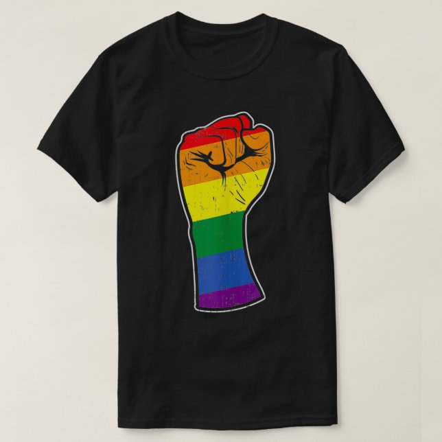 Rainbow Raise Fist Gay Pride Flag Support Resist T-Shirt (Design vorne)