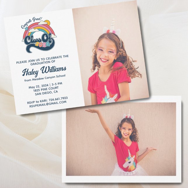 Rainbow Retro Class of 2024 Abschluss 2 Foto Einladung (Class of 2024 2 Photo Invitation)
