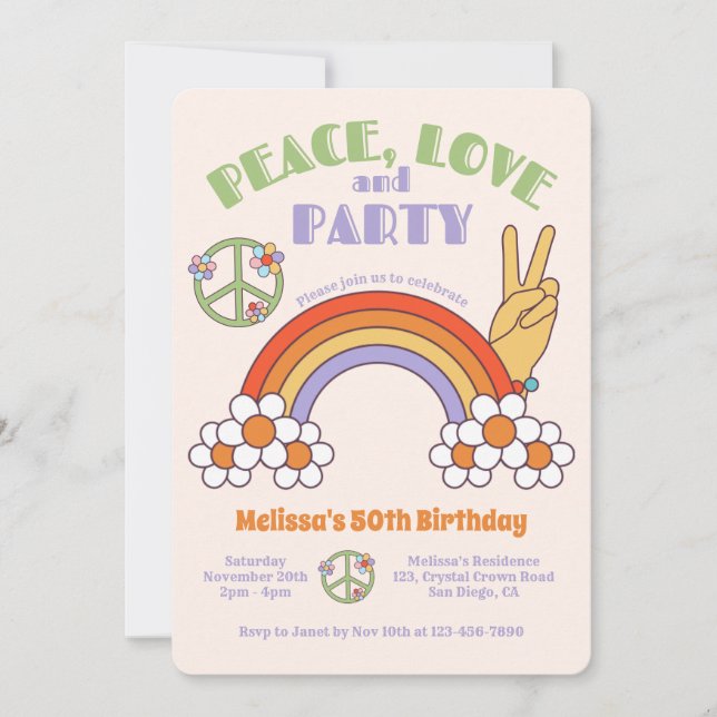 Rainbow Retro Hippie Peace & Liebe Geburtstag Einladung (Vorderseite)