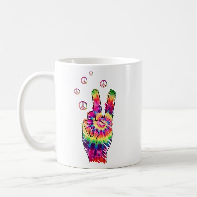 Rainbow Retro Tie Dye Psychedelic Peace Sign Hand  Kaffeetasse (Links)