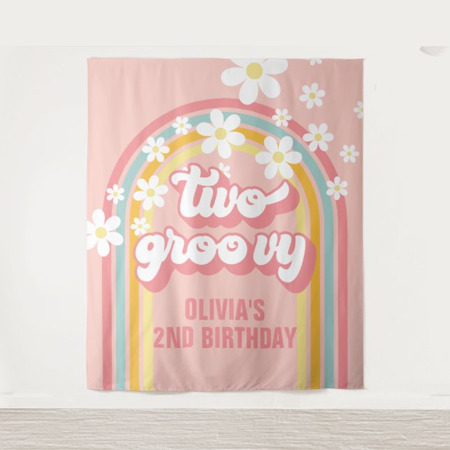 Rainbow Retro Two Groovy 2. Geburtstag Wandteppich (Vorderseite)
