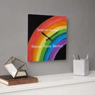 RAINBOW Rette meinen Planeten (anpassbar) Quadratische Wanduhr