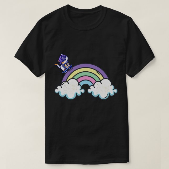Rainbow Ride: Der Skateboarding Cat T - Shirt (Design vorne)