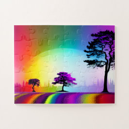 Rainbow Road durch Silhouette Bäume mit Lila Puzzle