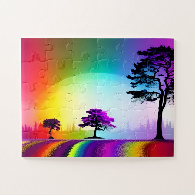 Rainbow Road durch Silhouette Bäume mit Lila Puzzle (Horizontal)