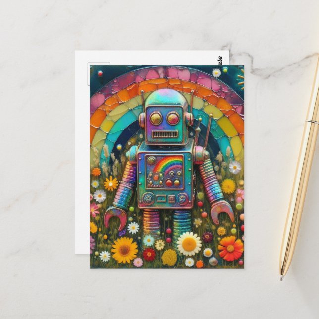Rainbow Robot in einer Blume Postkarte (Vorderseite/Rückseite Beispiel)