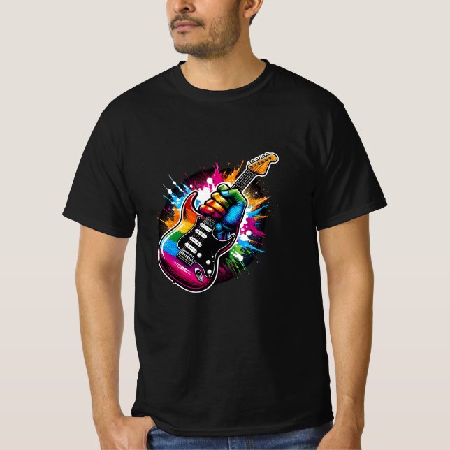 Rainbow Rock Explosion Vibraning Guitar Fist T-Shirt (Vorderseite)