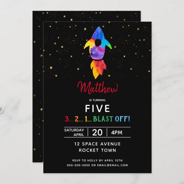 Rainbow Rocket Ship Weltraum Geburtstagsparty Einladung (Vorne/Hinten)