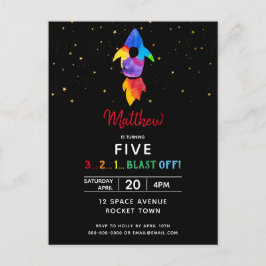 Rainbow Rocket Ship Weltraum Geburtstagsparty Einladungspostkarte