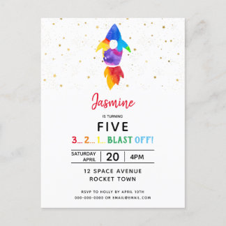 Rainbow Rocket Ship Weltraum Geburtstagsparty Einladungspostkarte