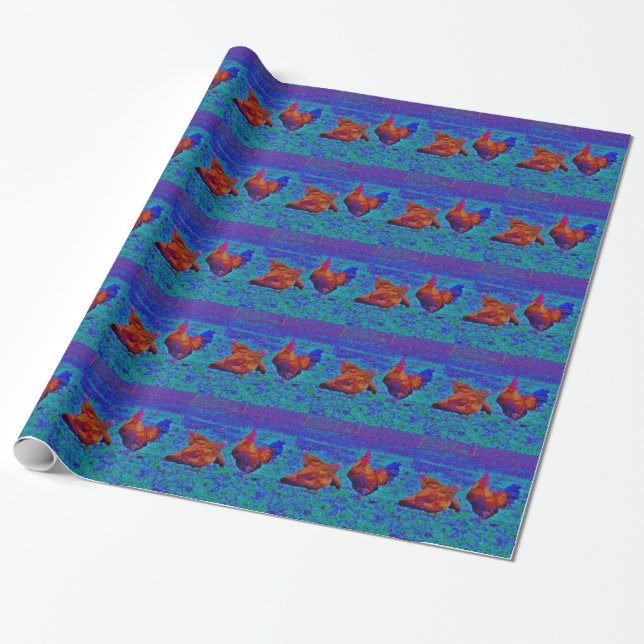 Rainbow Rooster & Hens, Electric Blue Geschenkpapier (Ungerollt)