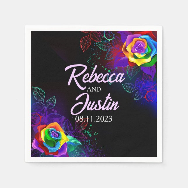 Rainbow Rose Floral Modern Boho Black Serviette (Vorderseite)