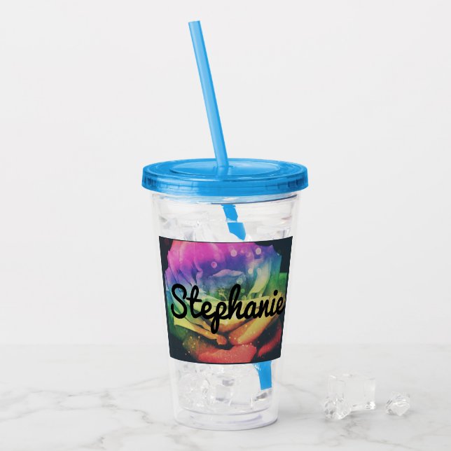 Rainbow-Rose-Individuelle Name-Cup mit Stroh Acryltrinkbecher (Vorderseite Ice)