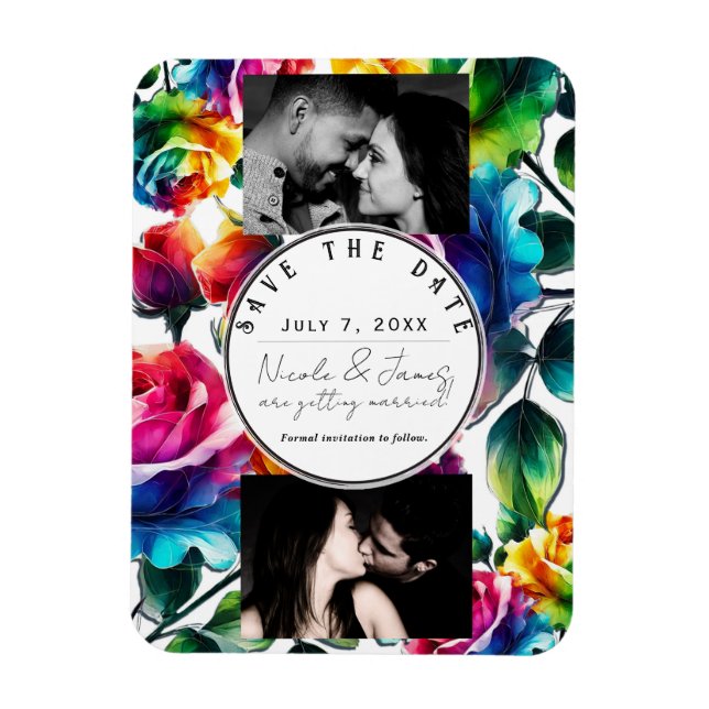 Rainbow-Rose Save the Date schwarz und weiß Magnet (Vertikal)