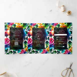 Rainbow-Rose Schwarz & Weiß-Lebende Blumenzehen Dreifach Gefaltete Einladung