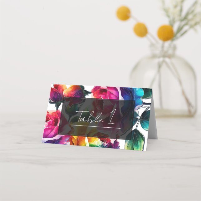 Rainbow-Rose Schwarz & Weiß-Lebende Blumenzehen Platzkarte (Vorderseite)