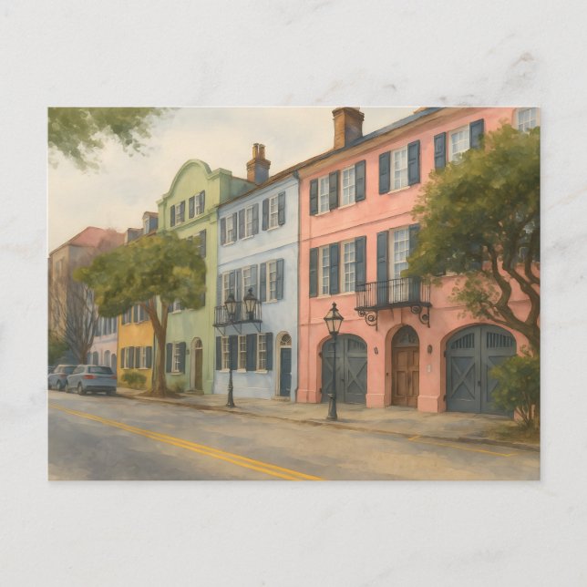 Rainbow Row von Charleston Watercolor Postkarte (Vorderseite)