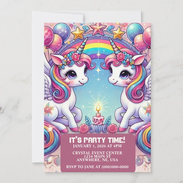 Rainbow Royalty Unicorns Einladung (Vorderseite)