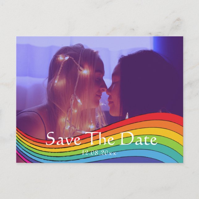 Rainbow Same Gender Foto Wedding Save the Date Po Postkarte (Vorderseite)