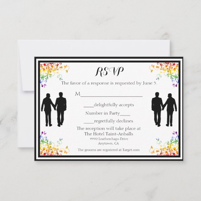 Rainbow Schnörkel Gay Wedding RSVP Card Karte (Vorderseite)