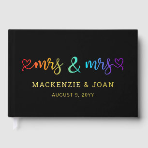 Rainbow Script Black Mrs & Mrs. Lesbian Wedding Gästebuch