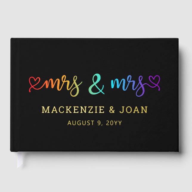 Rainbow Script Black Mrs & Mrs. Lesbian Wedding Gästebuch (Vorderseite)