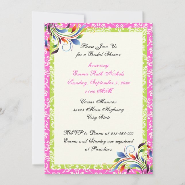 Rainbow Scrollblatt Damask Hochzeit Brautparty Einladung (Vorderseite)
