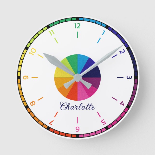 Rainbow Simple Educational Personalisiert Kids Runde Wanduhr (Vorderseite)