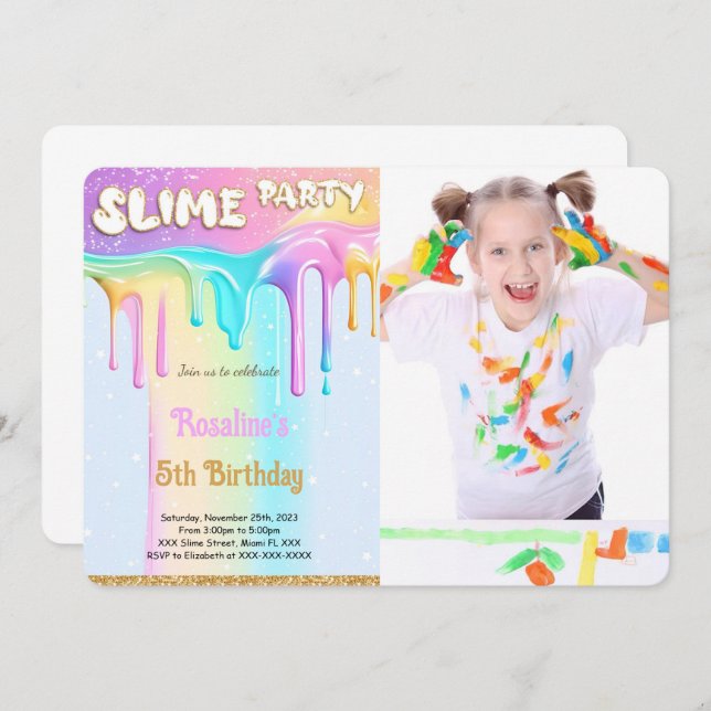 Rainbow Slime Birthday Party Foto Einladung (Vorne/Hinten)