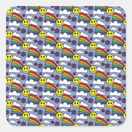 Rainbow-Smiley und Blume Hippie-Muster Quadratischer Aufkleber
