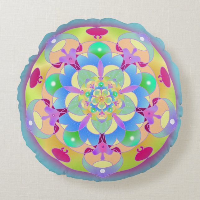 Rainbow Song Mandala Rundes Kissen (Vorderseite)