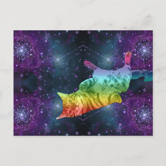 Rainbow Space Kitty Cat in Galaxy Postkarte (Vorderseite)