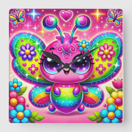 Rainbow Sparkle Butterfly Quadratische Wanduhr