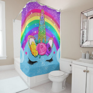 Rainbow Sparkle Glittery Unicorn Horn Face Duschvorhang