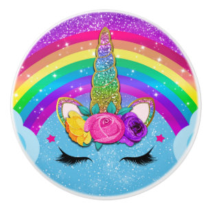 Rainbow Sparkle Glittery Unicorn Horn Face Keramikknauf