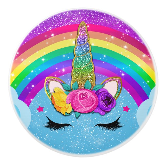 Rainbow Sparkle Glittery Unicorn Horn Face Keramikknauf (Vorderseite)