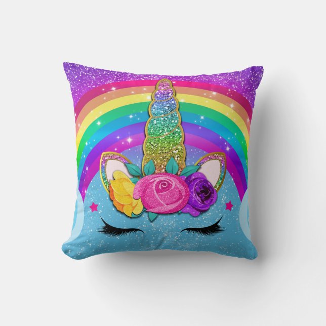 Rainbow Sparkle Glittery Unicorn Horn Face Kissen (Vorderseite)