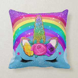 Rainbow Sparkle Glittery Unicorn Horn Face Kissen