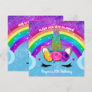 Rainbow Sparkle Glittery Unicorn Horn Face Party Einladung