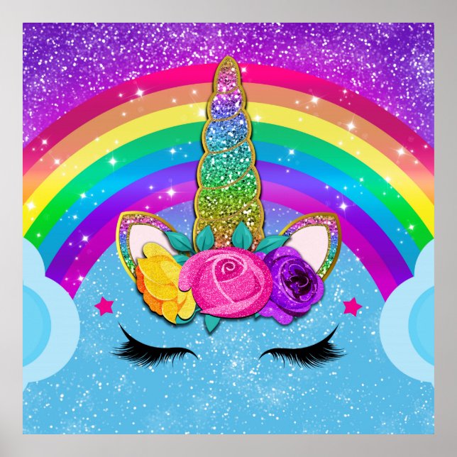 Rainbow Sparkle Glittery Unicorn Horn Face Party Poster (Vorne)