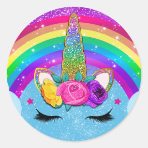 Rainbow Sparkle Glittery Unicorn Horn Face Party Runder Aufkleber