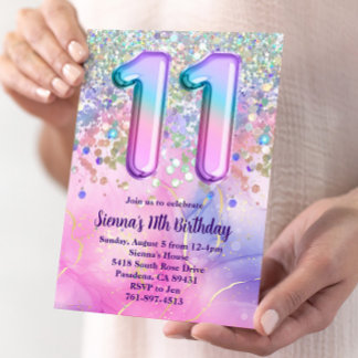 Rainbow Sparkle Glitzer 11. Geburtstagsparty Einladung