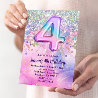 Rainbow Sparkle Glitzer 4. Geburtstag Party Einladung