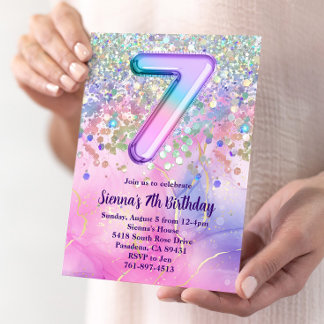 Rainbow Sparkle Glitzer 7. Geburtstagsparty Einladung