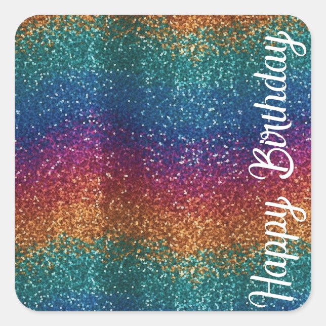 Rainbow Sparkle Metallic Elegant Happy Birthday Quadratischer Aufkleber (Vorderseite)