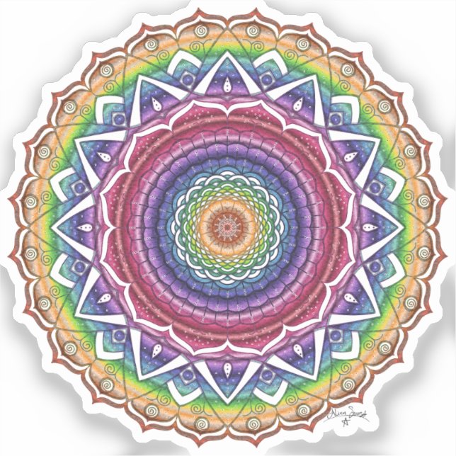 Rainbow Spiral and Geometric Blume Mandala Aufkleber (Vorderseite)