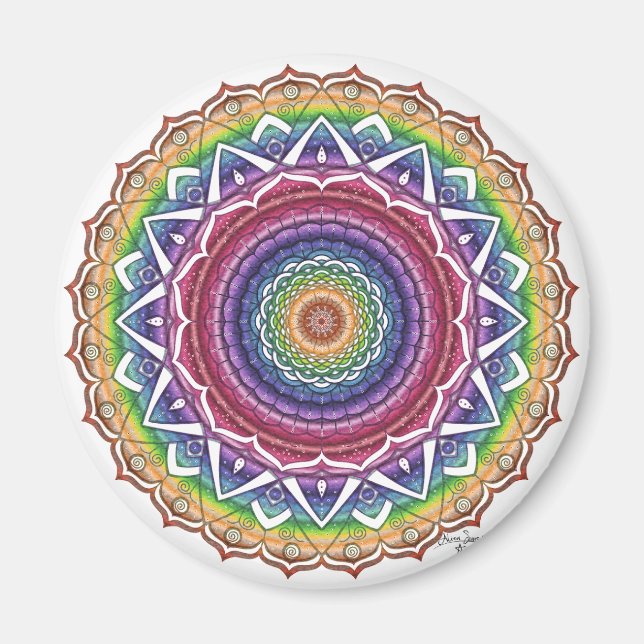 Rainbow Spiral and Geometric Blume Mandala Magnet (Vorne)